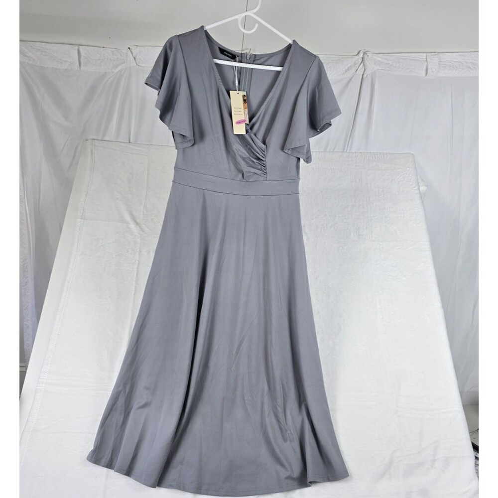 Dokotoo Midi Party Dress Women's Medium Grey Flutter Sleeve V-Neck Short Sleeve